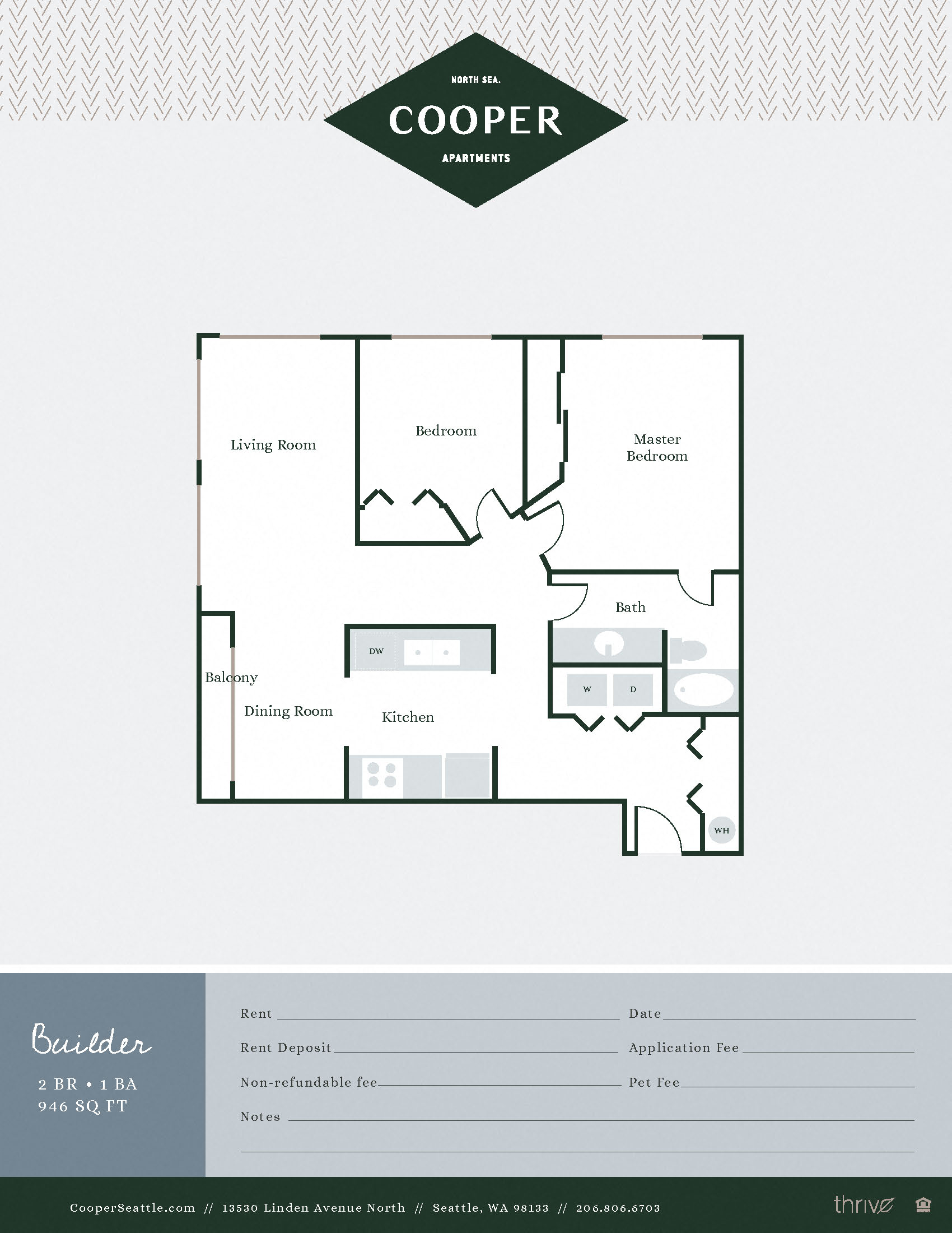 Floor plan for 2 beds, 1 bath, 846 sqft